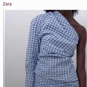 Zara gingham one shoulder top and ruched skirt set, Size Medium